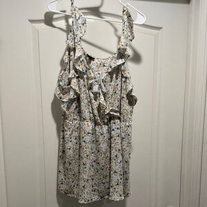 Torrid Floral Ruffle Blouse in Cream and Blue